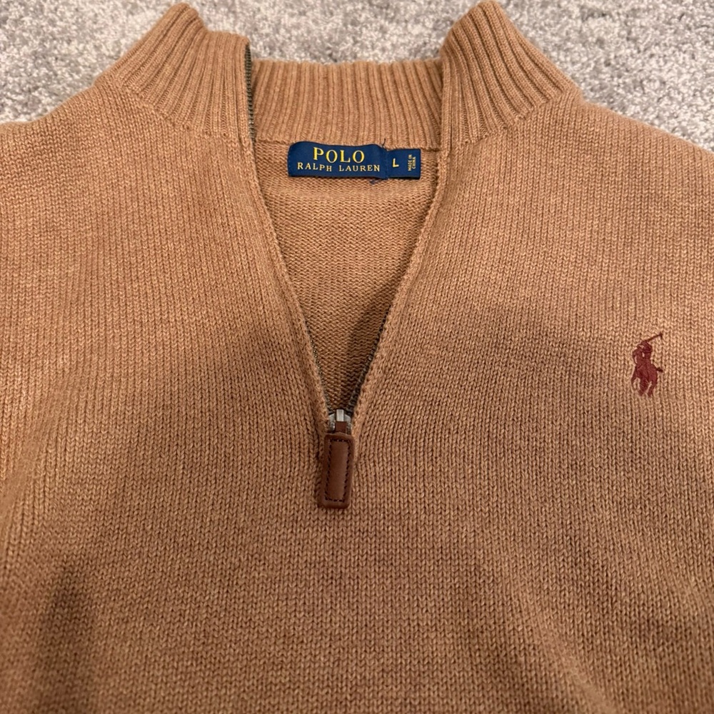 Polo by Ralph Lauren Men’s Camel/Tan Half-Zip Sweater with Maroon Pony